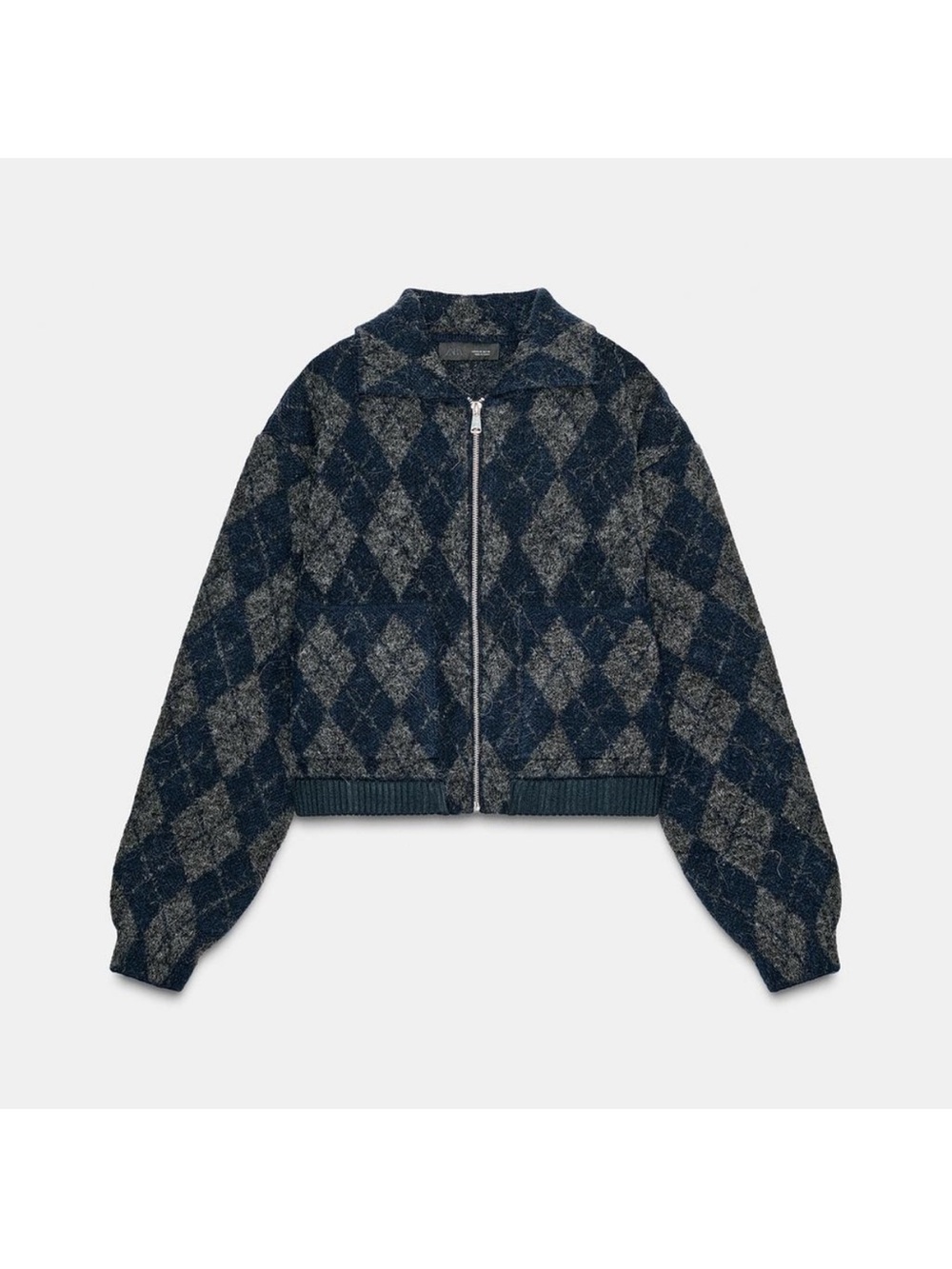 Zara Argyle Knit Bomber Jacket - Large